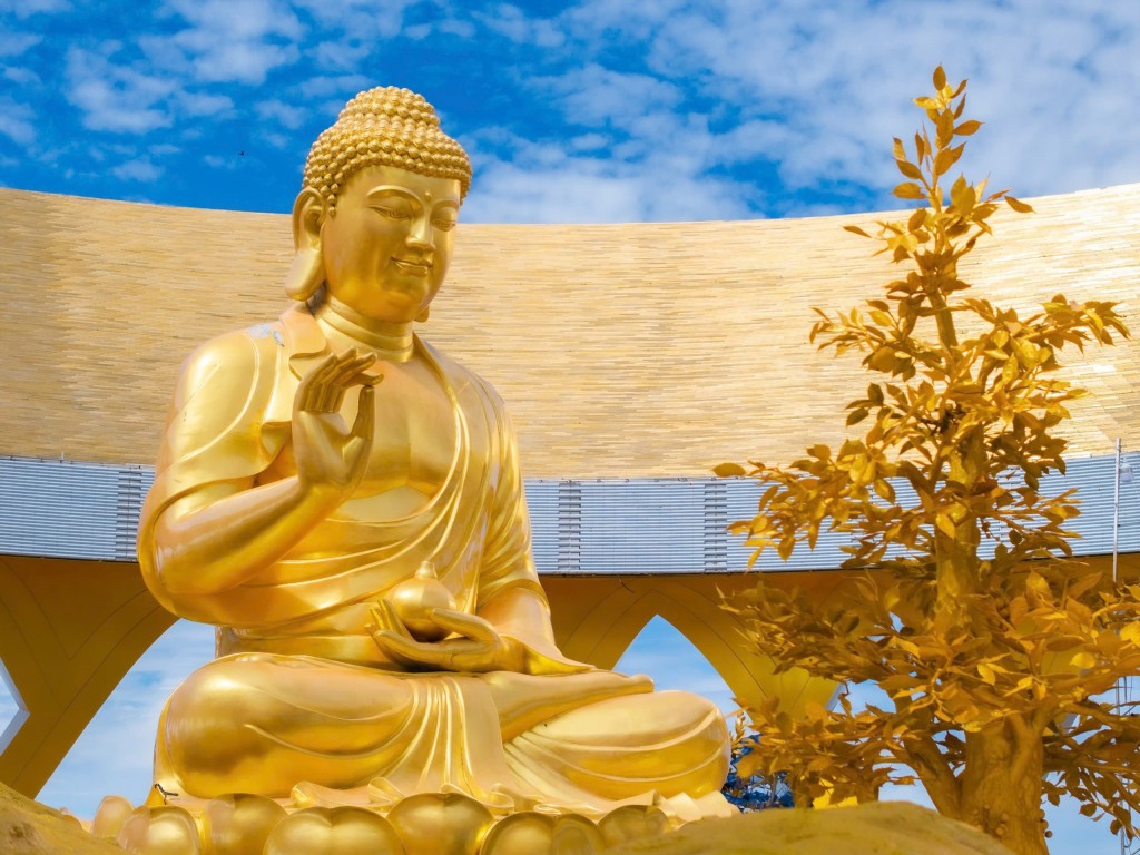 Tôn tượng Phật Câu Na Hàm khuôn mặt từ bi, đôi mắt mở dịu nhìn xuống. Tôn tượng Phật Câu Na Hàm khuôn mặt từ bi, đôi mắt mở dịu nhìn xuống.