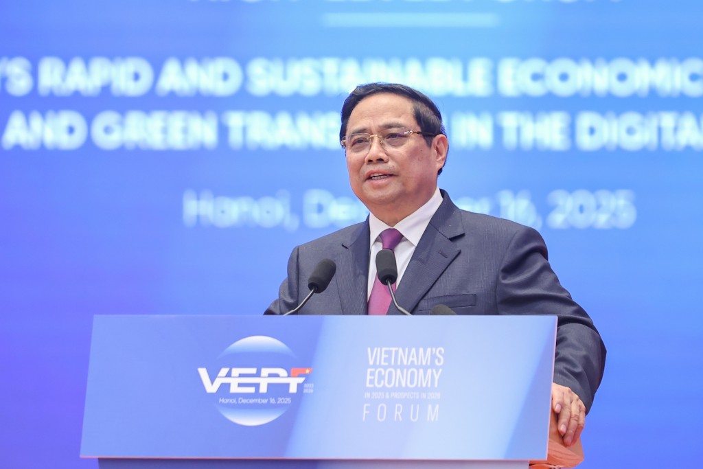 Thủ tướng Phạm Minh Chính phát biểu tại Diễn đàn Kinh tế Việt Nam 2025, triển vọng 2026 - Ảnh: VGP/Nhật Bắc Thủ tướng Phạm Minh Chính phát biểu tại Diễn đàn Kinh tế Việt Nam 2025, triển vọng 2026 - Ảnh: VGP/Nhật Bắc