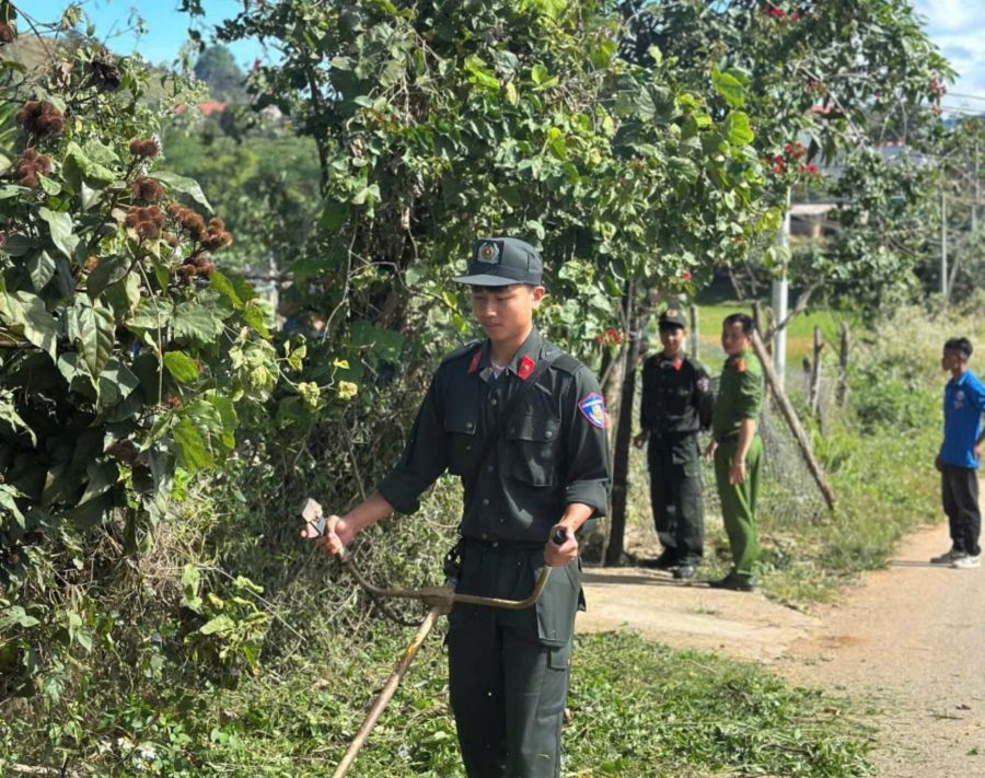 Lực lượng CSCĐ tham gia hỗ trợ Nhân dân phát quang cây cối  (Ảnh: C.A Quảng Ngãi)