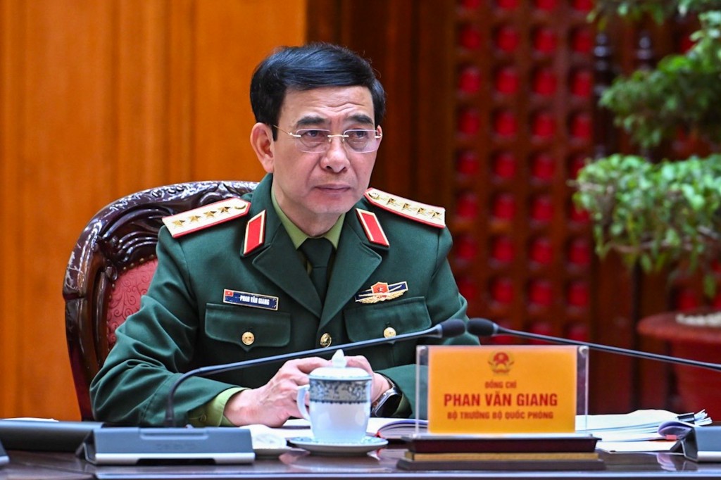Đại tướng Phan Văn Giang, Uỷ viên Bộ Chính trị, Phó Bí thư Quân uỷ Trung ương, Bộ trưởng Bộ Quốc phòng tại cuộc làm việc - Ảnh: VGP/Nhật Bắc