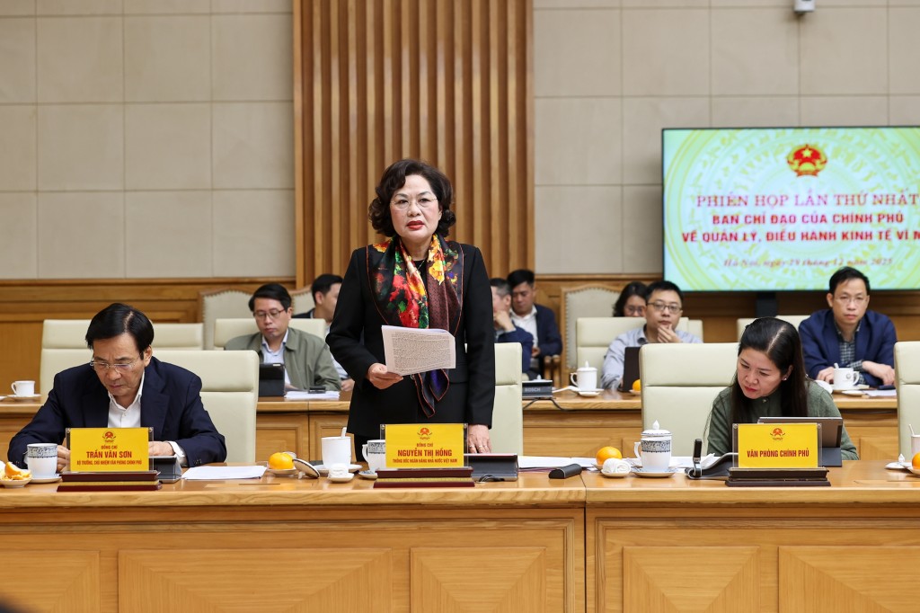 Thống đốc Ngân hàng Nhà nước Nguyễn Thị Hồng phát biểu tại phiên họp - Ảnh: VGP/Nhật Bắc