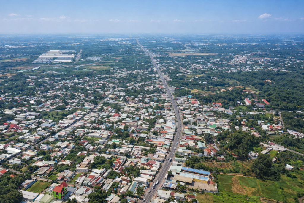 Toàn cảnh xã Bình Mỹ hôm nay với diện mạo đô thị - nông thôn đan xen, phản ánh những gam màu sáng trong bức tranh kinh tế - xã hội năm 2025.