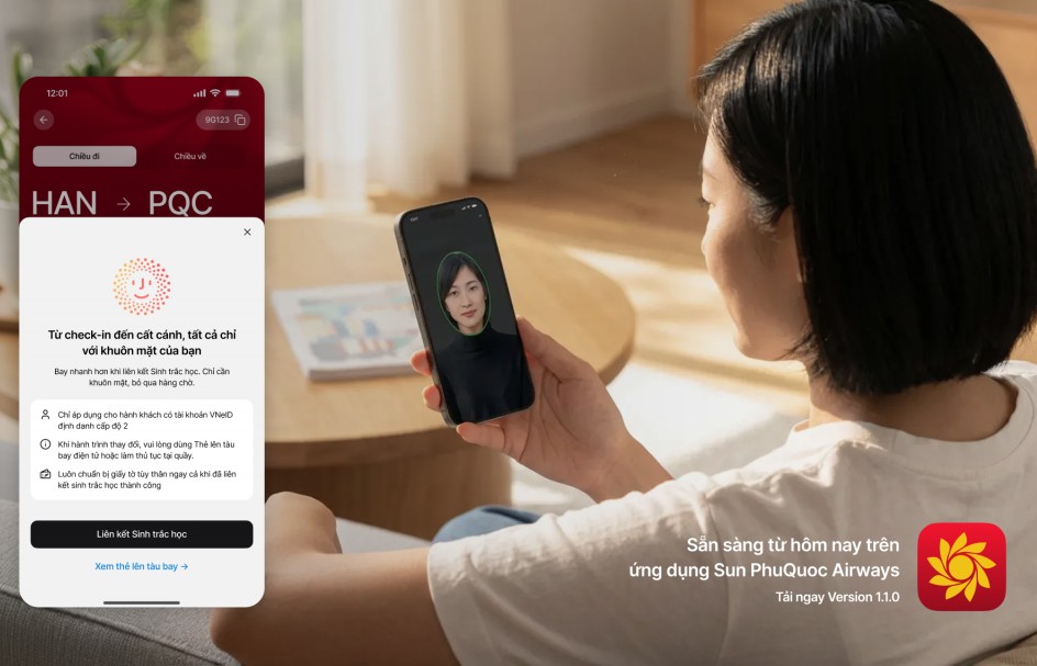 Hãng hàng không Sun PhuQuoc Airways rút ngắn hành trình tại sân bay bằng thủ tục trực tuyến với sinh trắc học