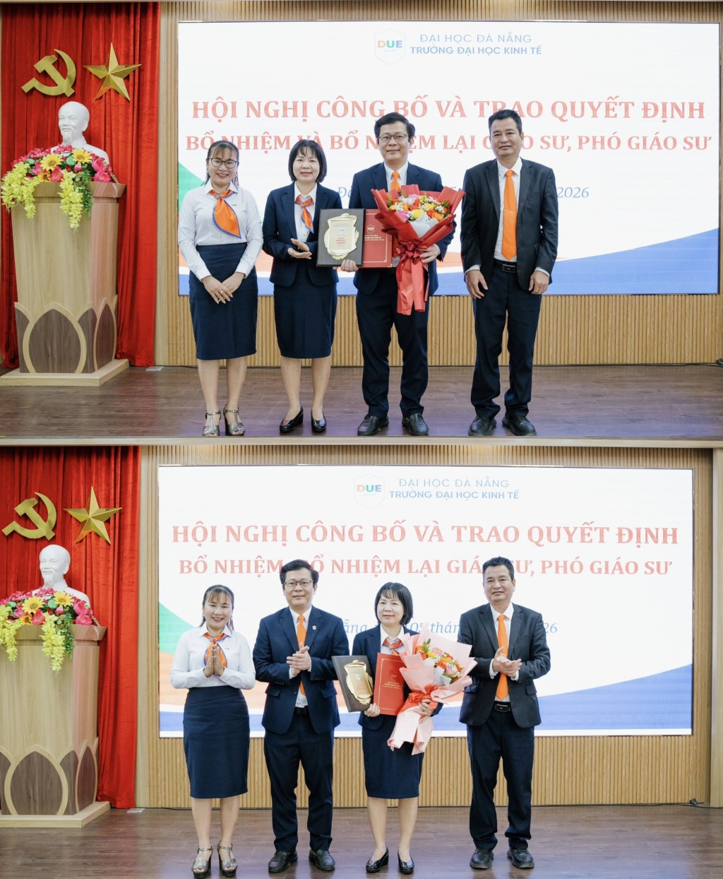 Trường Đại học Kinh tế - Đại học Đà Nẵng trao quyết định bổ nhiệm chức danh Giáo sư đối với GS.TS Lê Văn Huy - Hiệu trưởng Trường Đại học Kinh tế - Đại học Đà Nẵng và GS.TS Võ Thị Thúy Anh - Bí thư Đảng ủy Nhà trường.