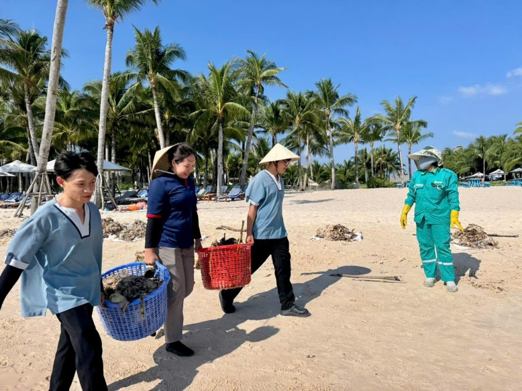   Cán bộ nhân viên cảnh quan túc trực hàng giờ để thu gom rác trôi dạt, đảm bảo vẻ sạch, đẹp cho bãi Kem.