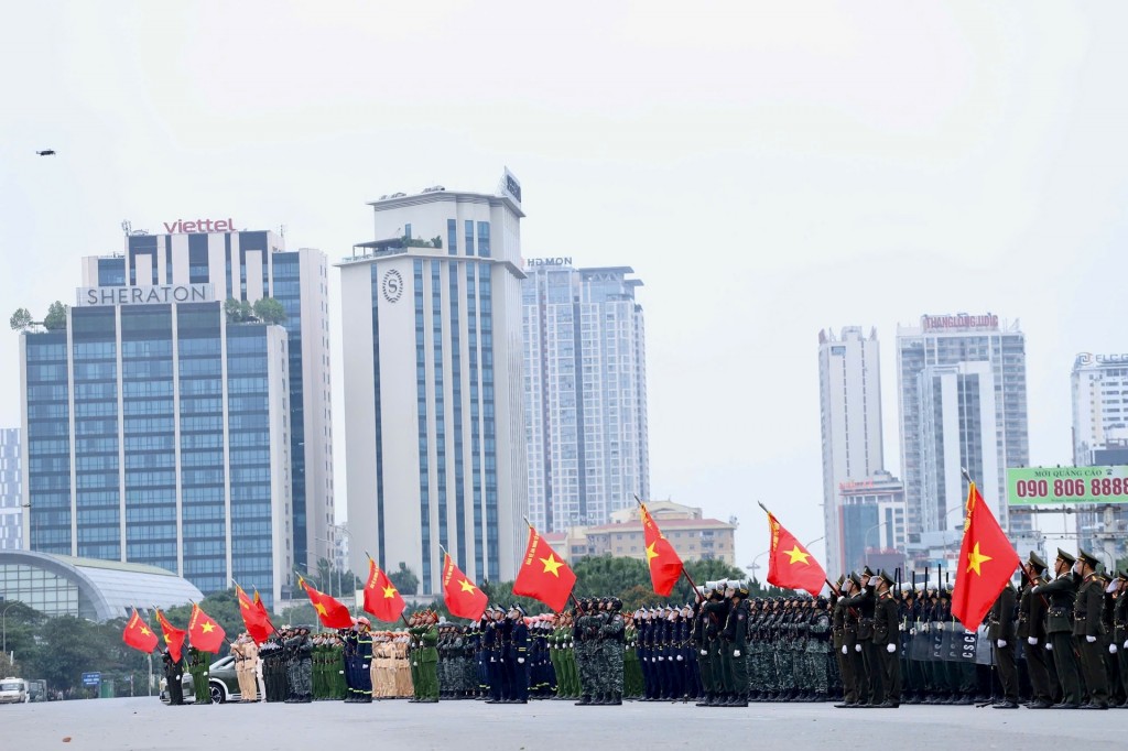 Các lực lượng tham gia sơ duyệt Lễ xuất quân và diễn tập phương án bảo vệ Đại hội đại biểu toàn quốc lần thứ XIV của Đảng. Ảnh: TL