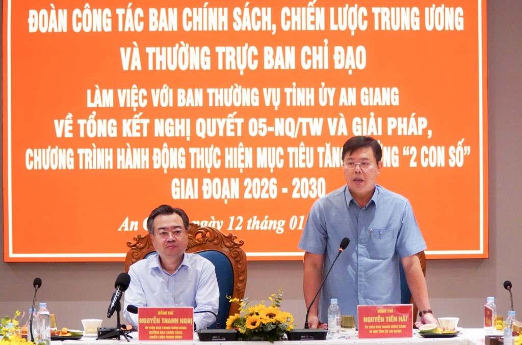 Bí thư Tỉnh ủy An Giang Nguyễn Tiến Hải phát biểu tại buổi làm việc (ảnh: Thu Oanh) Bí thư Tỉnh ủy An Giang Nguyễn Tiến Hải phát biểu tại buổi làm việc (ảnh: Thu Oanh)