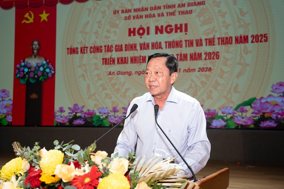 Giám đốc Sở Văn hóa và Thể thao tỉnh An Giang Nguyễn Khánh Hiệp phát biểu khai mạc hội nghị (ảnh: Trung Hiếu)