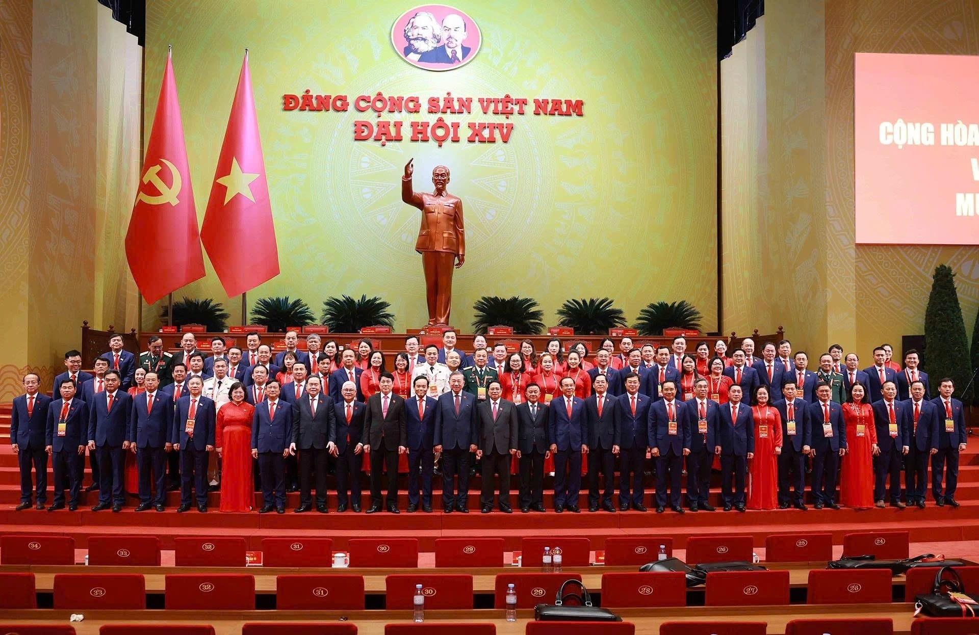 Lãnh đạo Đảng, Nhà nước chụp ảnh lưu niệm với Đoàn đại biểu Đảng bộ Thành phố Hồ Chí Minh dự Đại hội XIV của Đảng tại phiên trù bị sáng 19/1. Ảnh: TTXVN