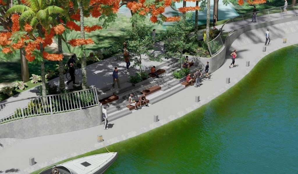 Phối cảnh hồ điều hòa trung tâm kết hợp đường đi bộ ven hồ, trồng cây xanh; kênh dẫn nước dọc tuyến đường sắt về hồ điều hòa Phối cảnh hồ điều hòa trung tâm kết hợp đường đi bộ ven hồ, trồng cây xanh; kênh dẫn nước dọc tuyến đường sắt về hồ điều hòa