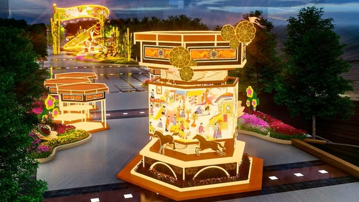 Khu vực “Rực rỡ miền ký ức” gây ấn tượng với đèn kéo quân khổng lồ cao hơn 6 mét, đường kính 6,4 mét. Chuyển động xoay liên tục của đèn tái hiện những hình ảnh dân gian ngày Tết, gợi nhớ các giá trị truyền thống và bản sắc văn hóa Việt