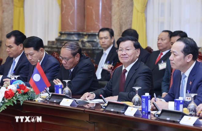 Tổng Bí thư, Chủ tịch nước Lào Thongloun Sisoulith phát biểu tại cuộc hội đàm với Chủ tịch nước Lương Cường. (Ảnh: Lâm Khánh/TTXVN)