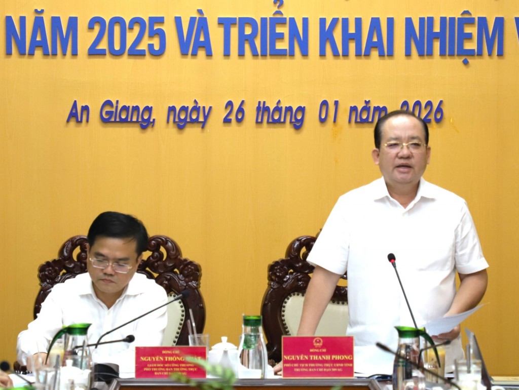 Phó Chủ tịch Thường trực UBND tỉnh An Giang Nguyễn Thanh Phong phát biểu chỉ đạo tại Hội nghị. Ảnh: Bích Thùy