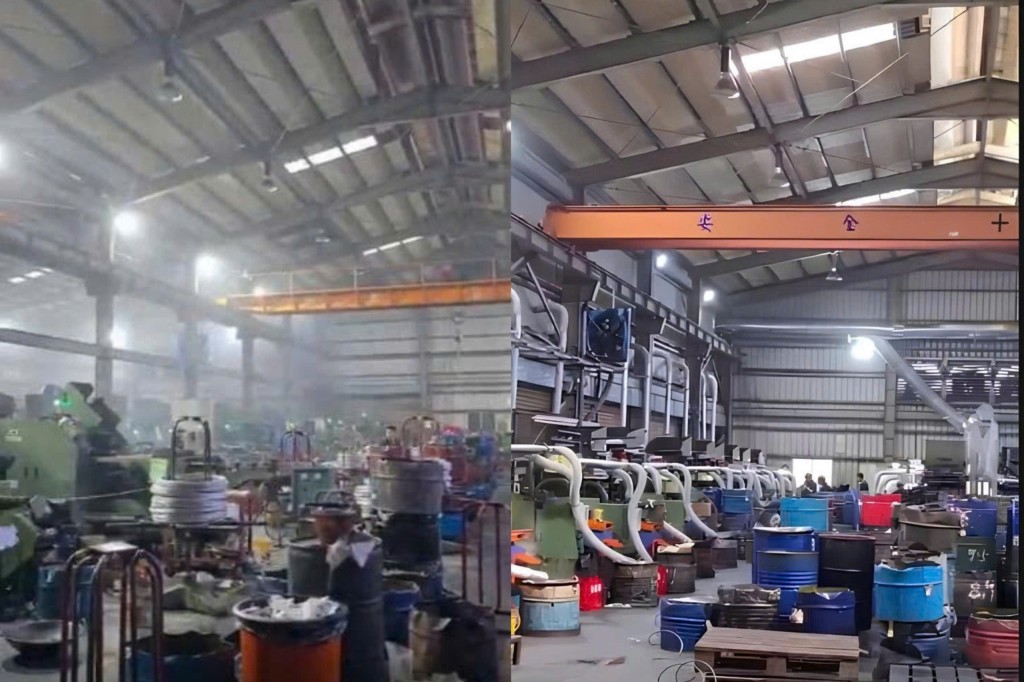 So sánh hình ảnh nhà xưởng sản xuất ốc vít trước và sau khi lắp đặt hệ thống xử lý khí thải Ha Lô: từ tình trạng mù sương dầu, bụi kim loại bám dày sang không gian thông thoáng, sạch hơn, cải thiện điều kiện làm việc và độ bền máy móc.