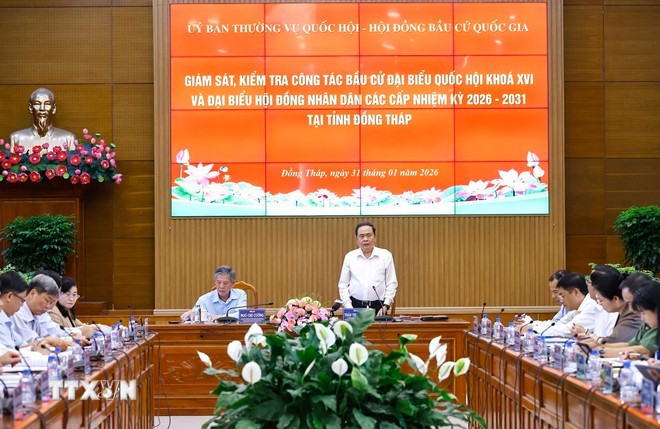 Chủ tịch Quốc hội Trần Thanh Mẫn phát biểu tại buổi làm việc với Ủy ban Bầu cử tỉnh Đồng Tháp. (Ảnh: Doãn Tấn/ TTXVN)