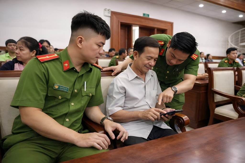 Cán bộ Công an hướng dẫn người dân sử dụng ứng dụng “SOS An ninh, trật tự”, góp phần rút ngắn thời gian xử lý các tình huống khẩn cấp