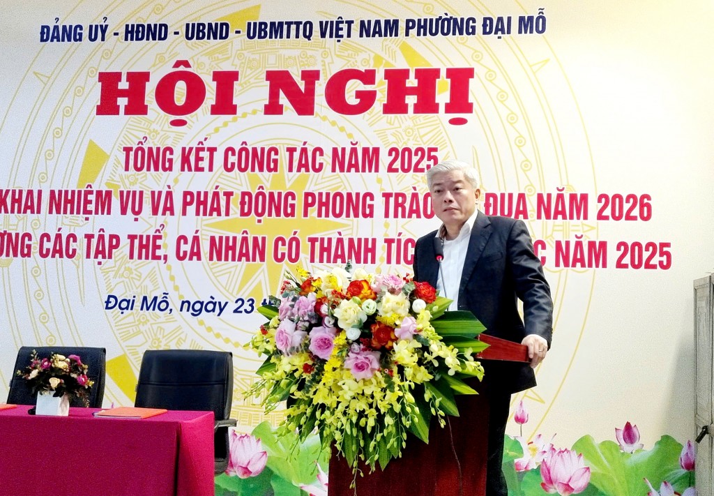 Đồng chí Mai Trọng Thái - Bí thư Đảng ủy, Chủ tịch HĐND phường Đại Mỗ phát biểu chỉ đạo tại hội nghị