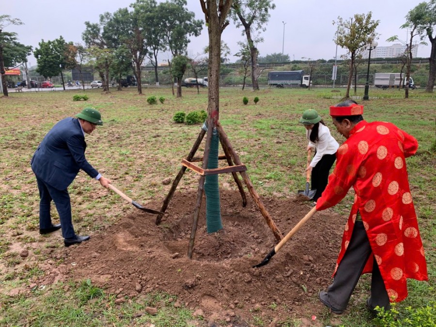 Lãnh đạo Đảng ủy, UBND phường và người cao tuổi phường Lĩnh Nam thực hiện nghi thức trồng cây