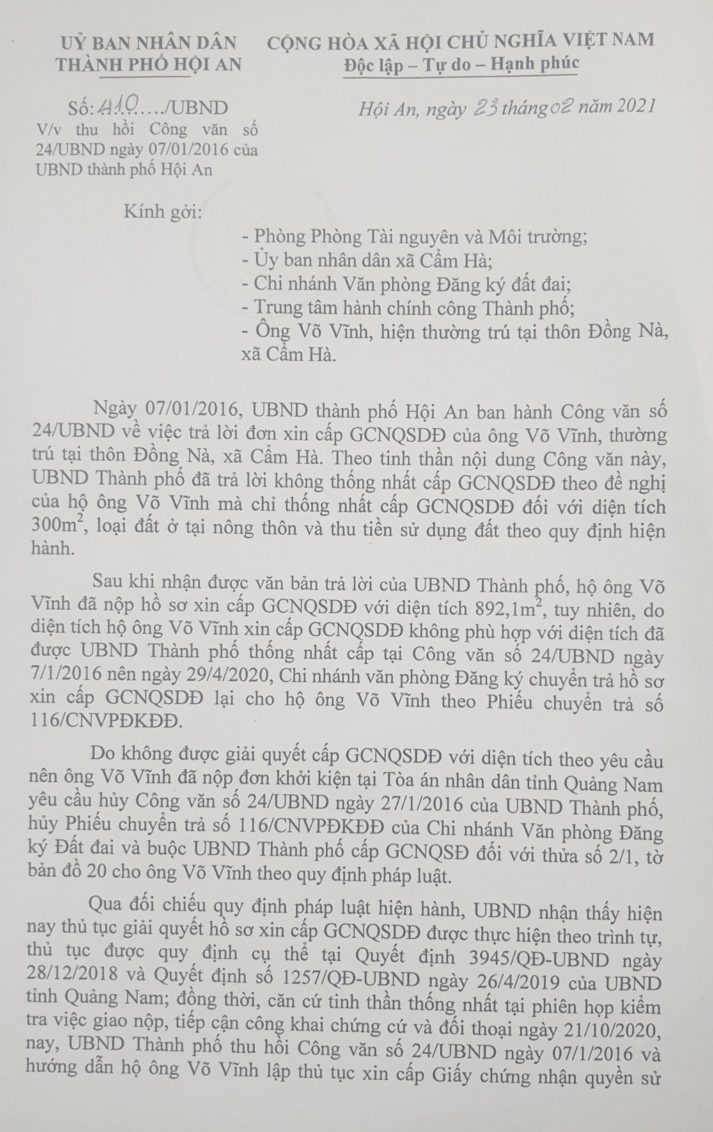 Công văn số 410/UBND ngày 23/02/2021 thu hồi Công văn 24/UBND ngày 7/1/2016 