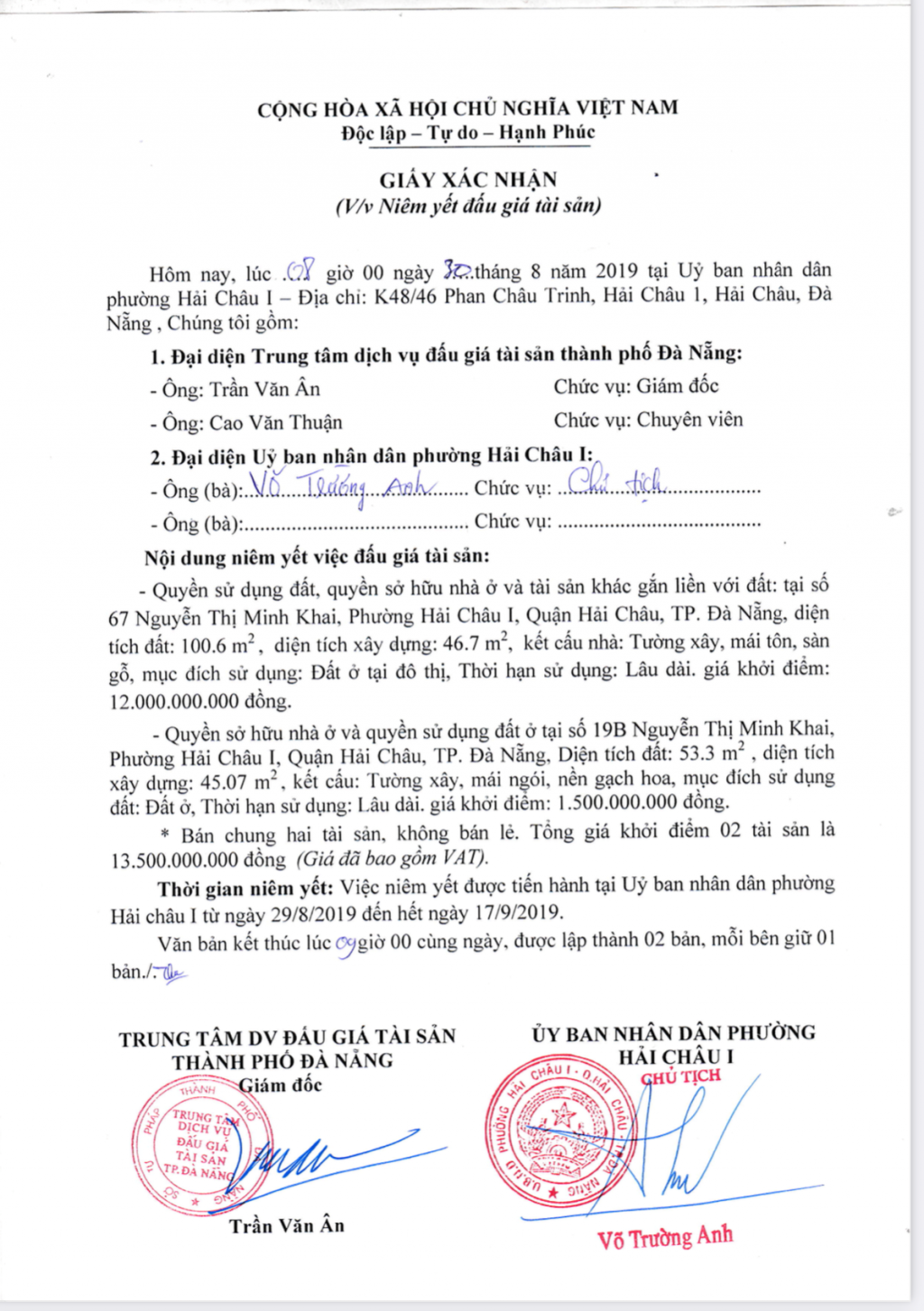 2 tài sản này được “kê giá” lên tới 13.500.000.000 đồng khi đấu giá