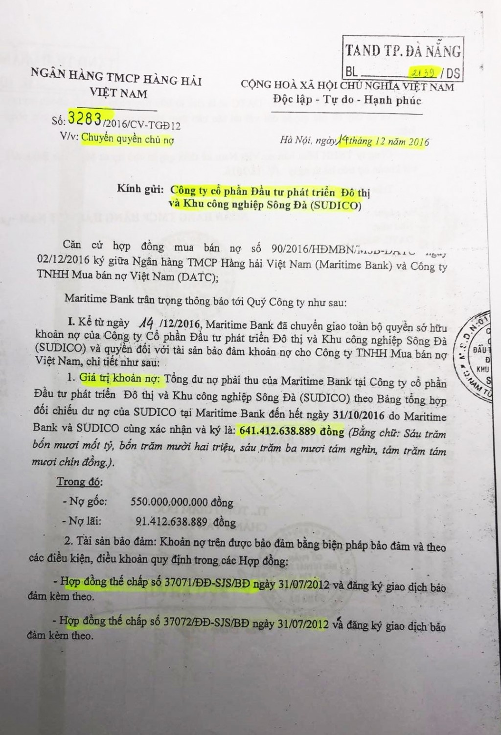 Đến 2/2/2018, Ngân hàng TMCP Hàng Hải Việt Nam thay đổi bên nhận tài sản thế chấp là Công ty TNHH MTV Mua bán nợ Việt Nam (DATC)