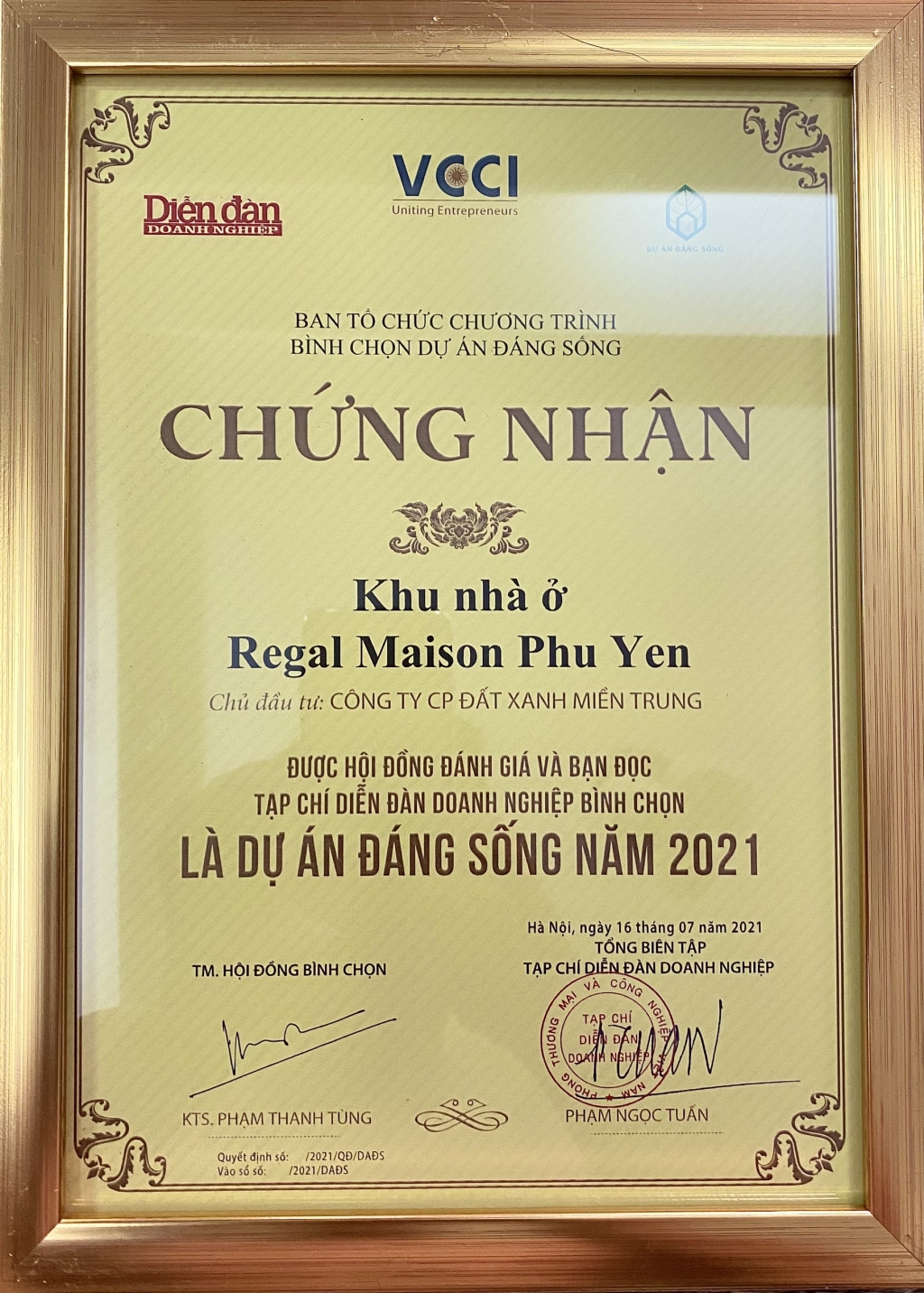 Regal Maison Phu Yen của Đất Xanh Miền Trung đạt giải thưởng 