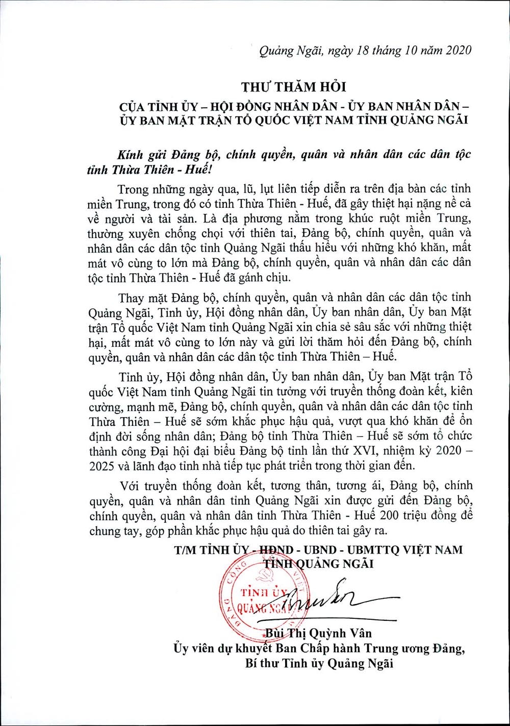 thư thăm hỏi ngày 18/10 của lãnh đạo tỉnh Quảng Ngãi gửi đến nhân dân và chính quyền Thừa Thiên - Huế