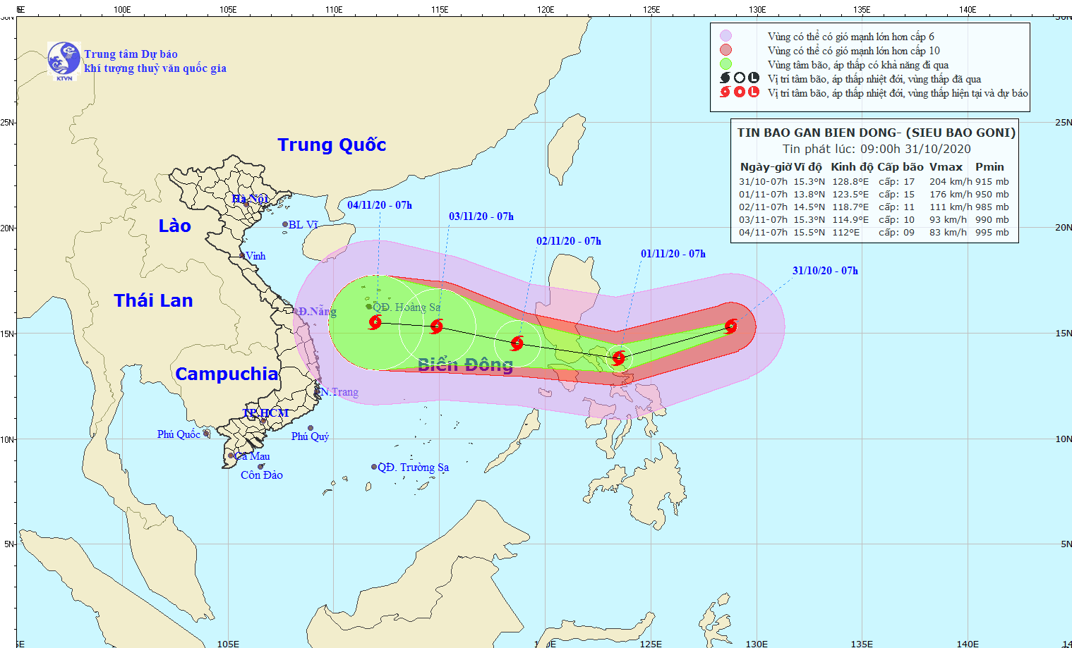 Hướng di chuyển của cơn bão Goni (Nguồn nchmf.gov.vn) 