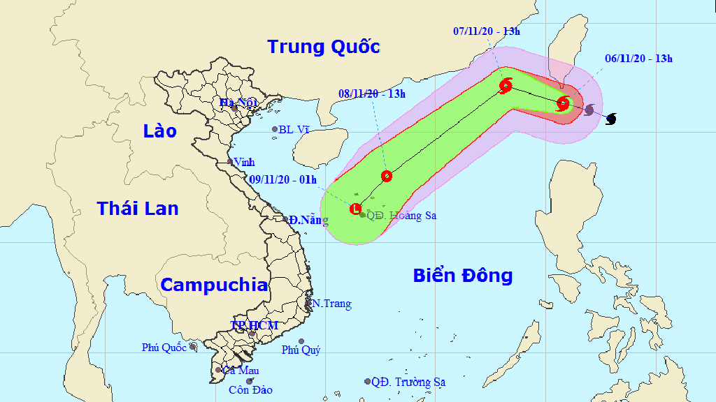 Bão số 11 sẽ suy yếu thành vùng thấp và tan dần ngay trên quần đảo Hoàng Sa (Nguồn nchmf.gov.vn) 