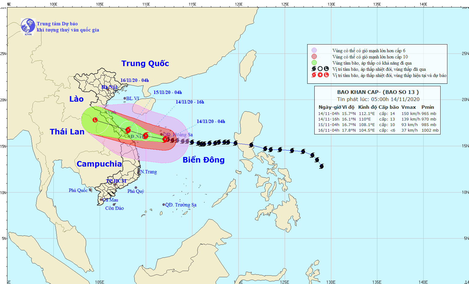 Bão số 13 bắt đầu ảnh hưởng đến đất liền nước ta từ ngày hôm nay 14/11 (Nguồn nchmf.gov) 