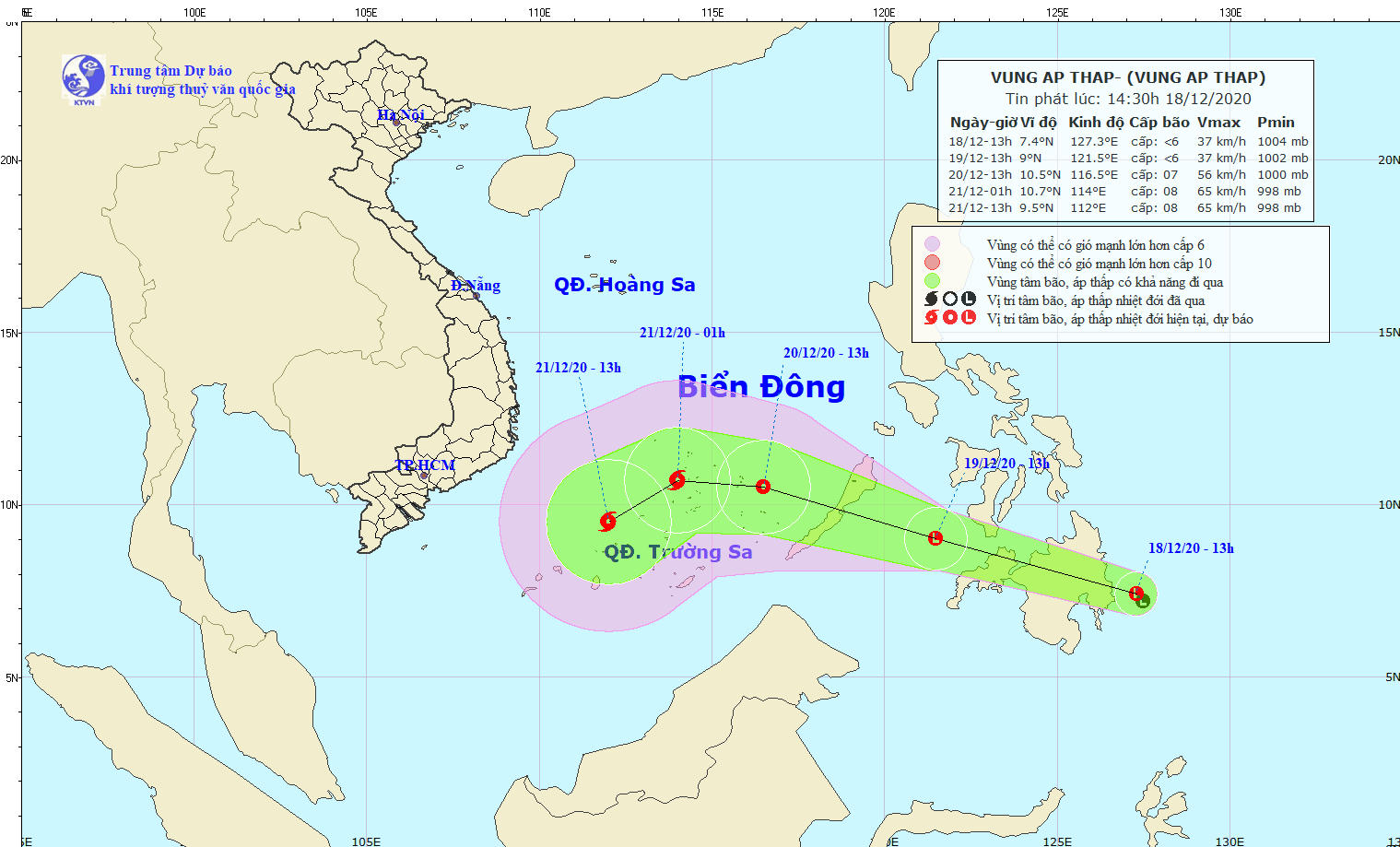 Hướng di chuyển của áp thấp nhiệt đới, mỗi giờ đi được 20-25km và khả năng mạnh lên thành bão (Nguồn nchmf.gov) 