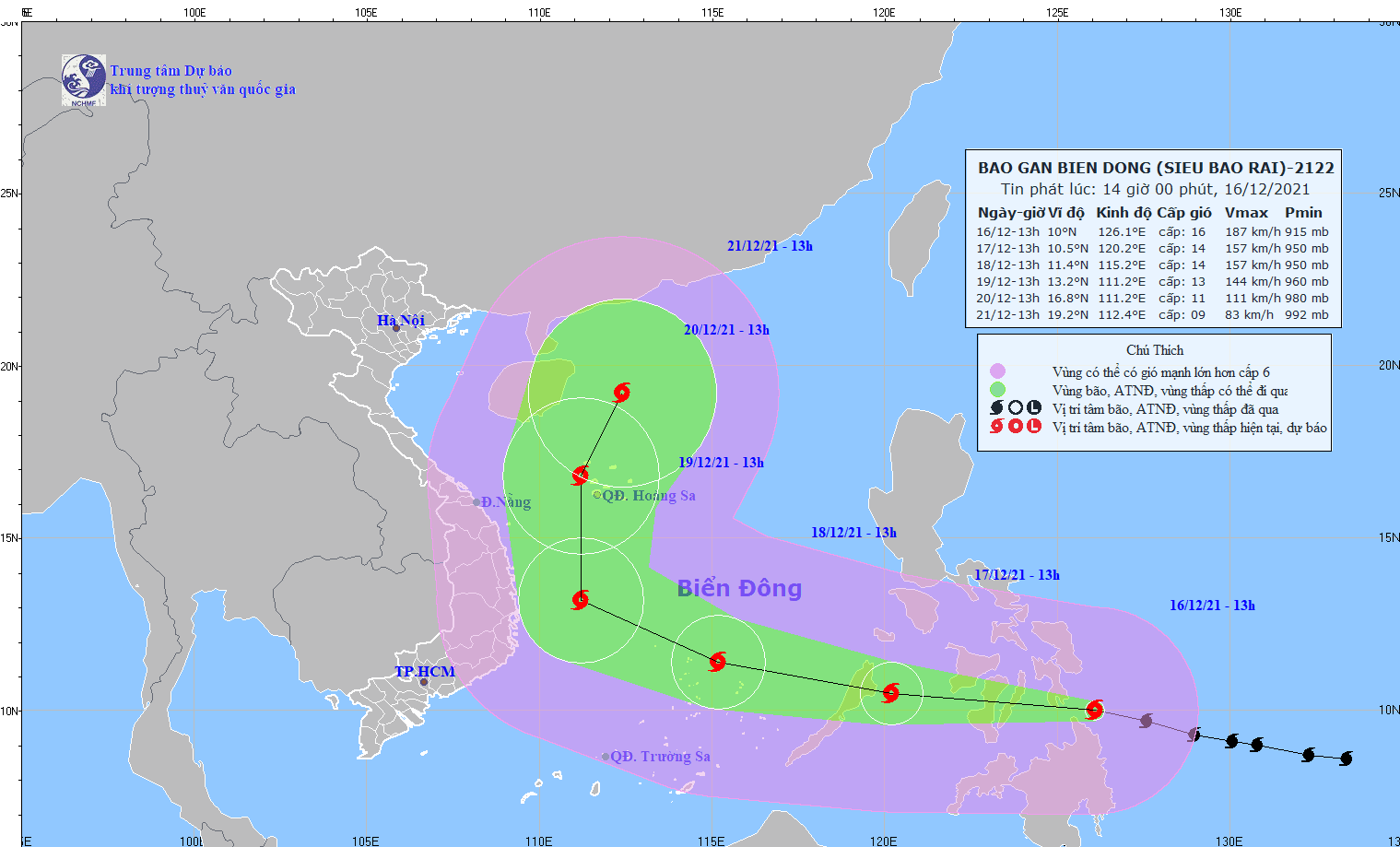 Vị trí và hướng di chuyển của bão Rai (Nguồn nchmf.gov)