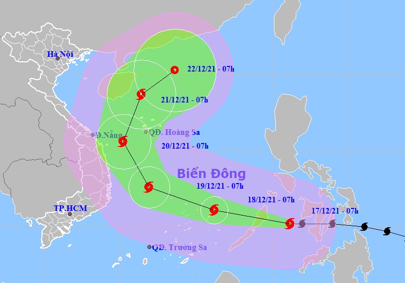 Dự báo vị trí và đường đi của Bão RAI. Ảnh NCHMF