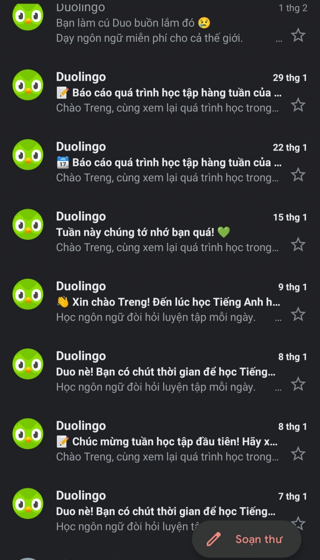 Nếu không học, ứng dụng Duolingo sẽ liên tục spam khiến người học ám ảnh