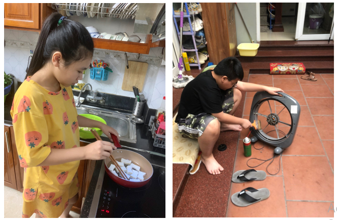 Phụ huynh giao việc nhà, khuyến khích các con nấu ăn (Ảnh: trường THCS Phan Chu Trinh)