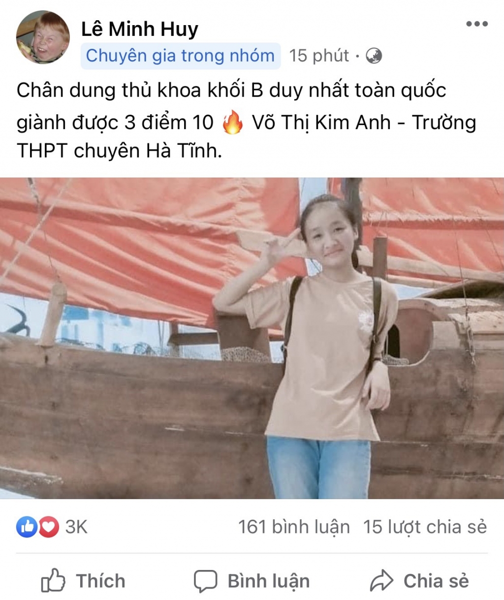 Thí sinh Võ Thị Kim Anh, trường THPT chuyên Hà Tĩnh đạt 3 điểm 10 môn Toán, Hóa, Sinh, trở thành thủ khoa khối B toàn quốc