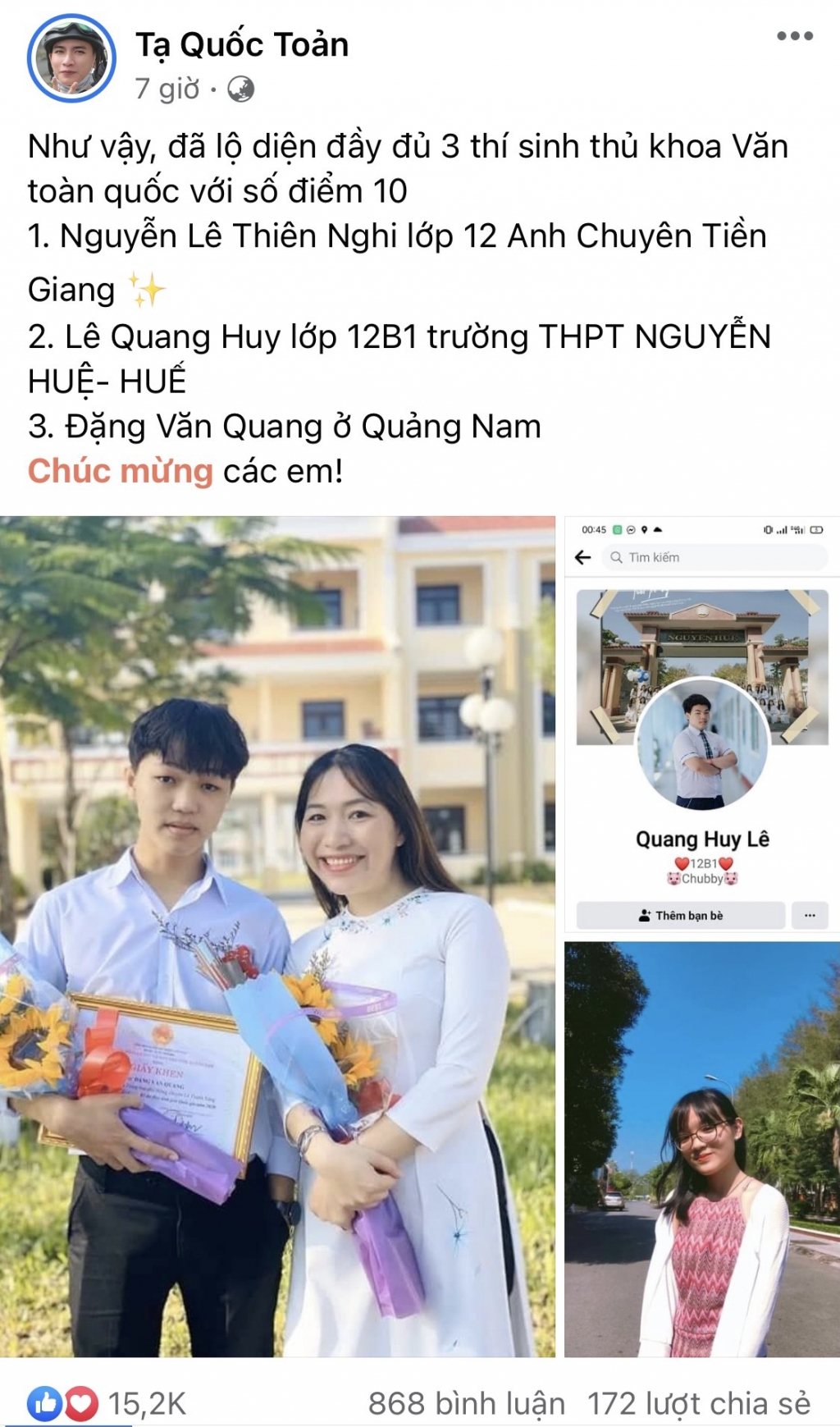 Các thí sinh đạt điểm 10 môn Ngữ Văn được cộng đồng mạng hết lời khen ngợi