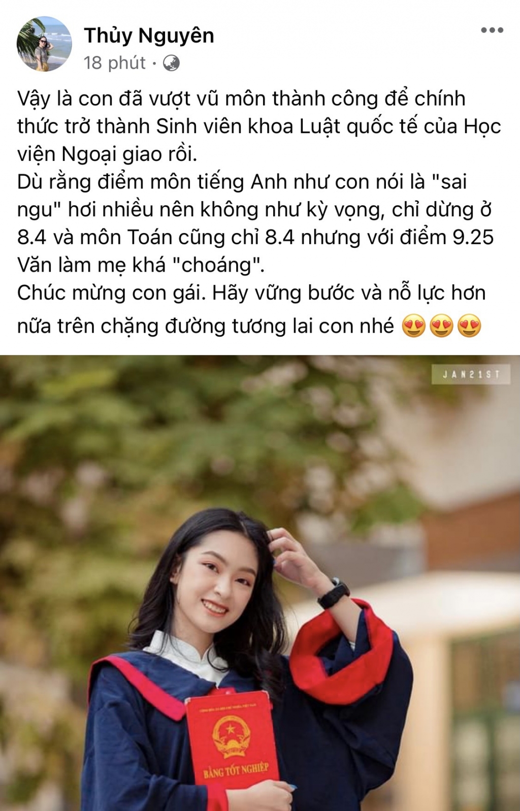 Trên Facebook, mặc dù đã hơn 2 giờ sáng nhưng chị Thủy Nguyên vẫn không thể kìm lòng mà chia sẻ những lời đầy tự hào về con