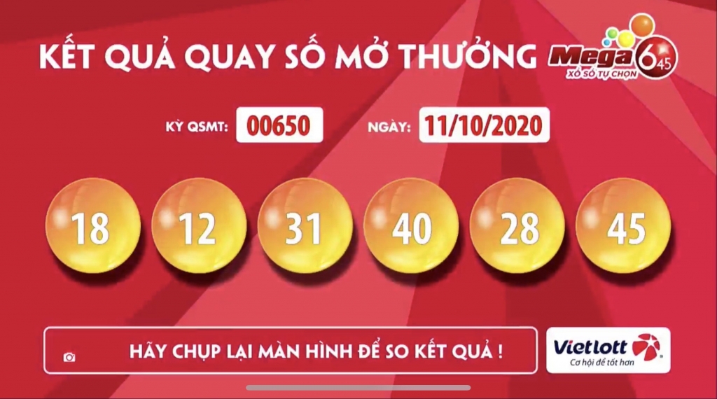 Kết quả của giải Mega 6/45 hôm nay 11/10, kỳ quay thứ 650.