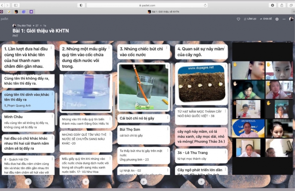 là hs nêu ý kiến cá nhân trên trang padlet trong một tiết học trực tuyến môn KHTN tại trường THCS Thanh Am (Long Biên)