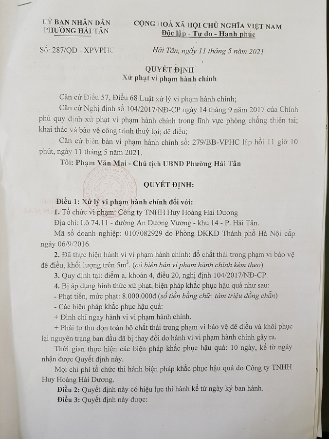 tập kết rác trái phép của Công ty TNHH Huy Hoàng Hải Dương