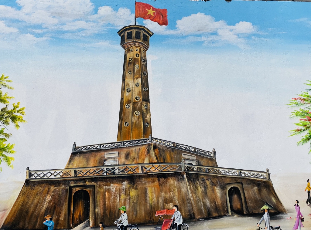 Hình ảnh cột cờ Hà Nội trong tranh bích hoạ