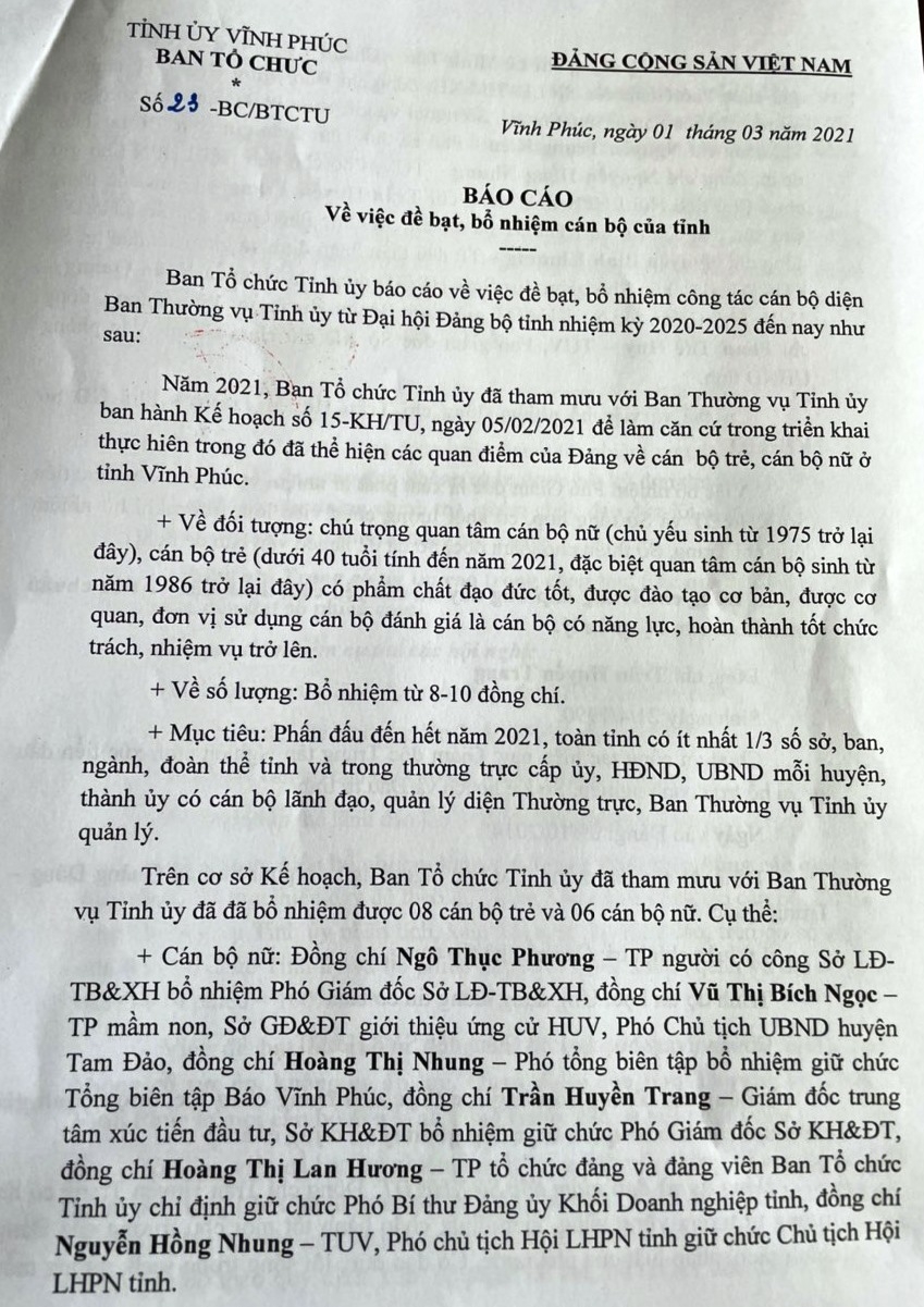 Báo cáo của Ban Tổ chức Tỉnh ủy Vĩnh Phúc về bổ nhiệm cán bộ