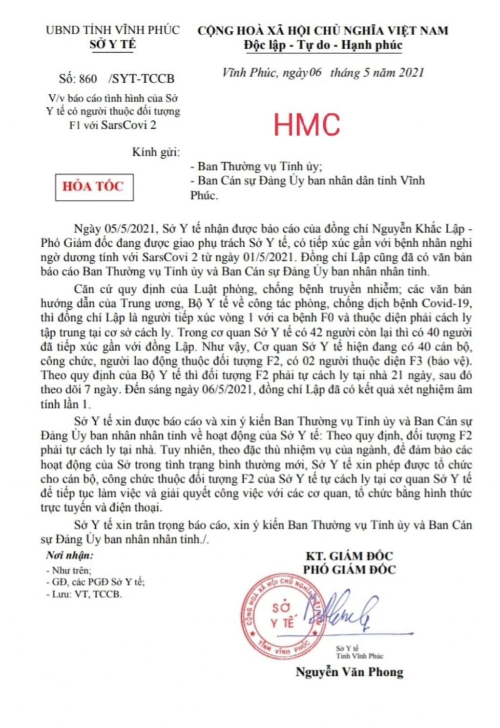 Sở Y tế Vĩnh Phúc có 42 người thì 40 người đã tiếp xúc gần với ông Lập, trở thành F2 và có nhân viên 2 bảo vệ là F3. Và, đến ngày 6/5, kết quả xét nghiệm Covid-19 của ông Nguyễn Khắc Lập là âm tính.