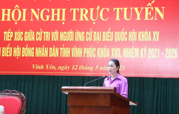 Bà Hoàng Thị Thúy Lan, Ủy viên TƯ Đảng, Bí thư Tỉnh ủy, Chủ tịch HĐND tỉnh,  Trưởng Đoàn ĐBQH khóa XIV tỉnh trình bày Chương trình hành động trước cử tri