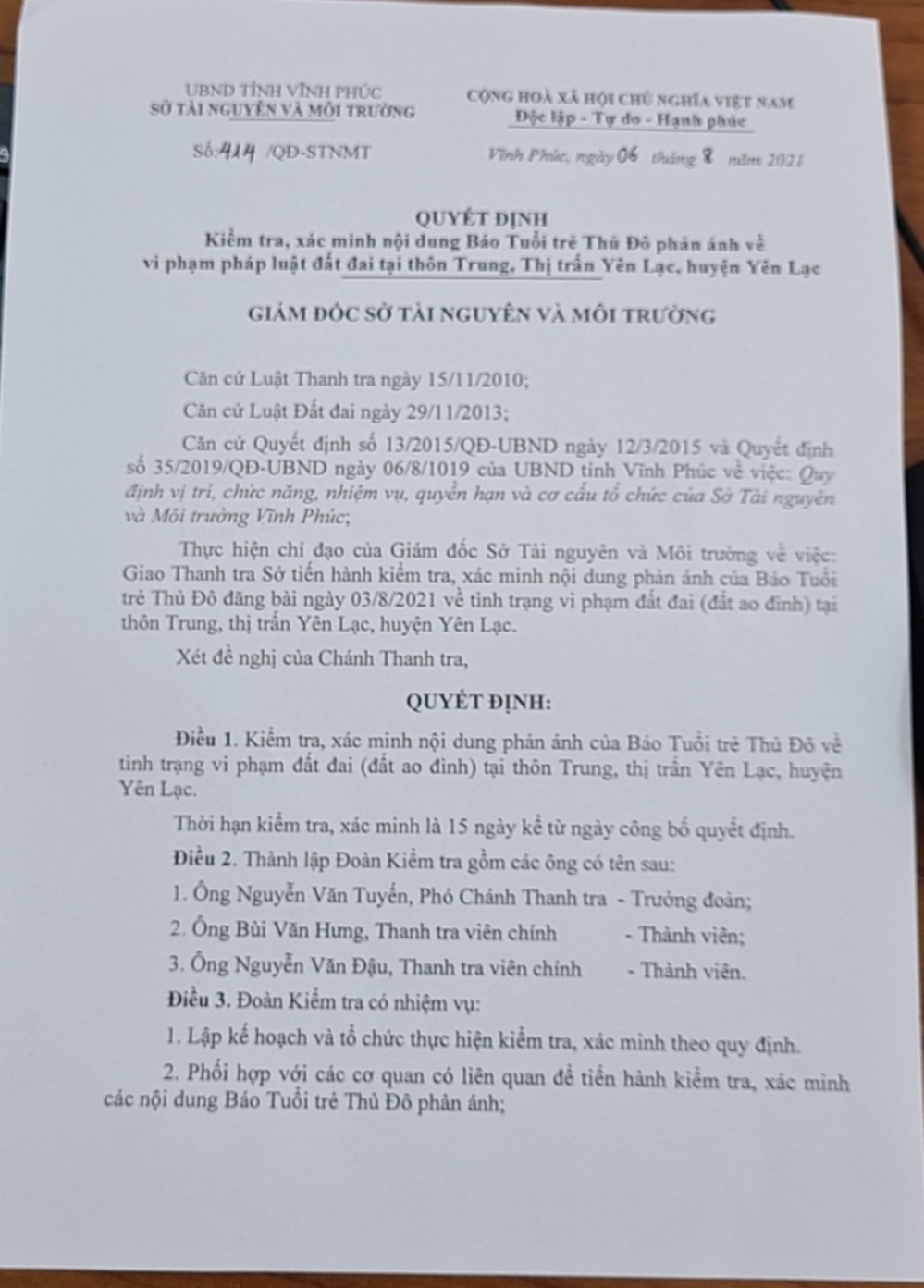 Sở TN&MT tỉnh Vĩnh Phúc đã ra Quyết định và giao Thanh tra Sở kiểm tra, xác minh nội dung vi phạm pháp luật đất đai tại thôn Trung, thị trấn Yên Lạc, huyện Yên Lạc.
