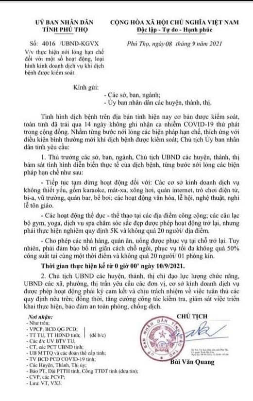 UBND tỉnh Phú Thọ ban hành văn bản về thực hiện nới lỏng hạn chế đối với một số hoạt động, loại hình kinh doanh dịch vụ khi dịch bệnh được kiểm soát.