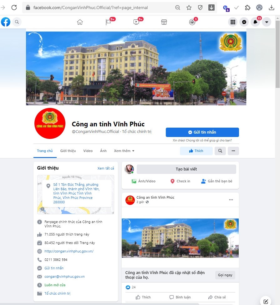 Fanpage chính của Công an tỉnh Vĩnh Phúc có địa chỉ https://www.facebook thức.com/ConganVinhPhuc.Official