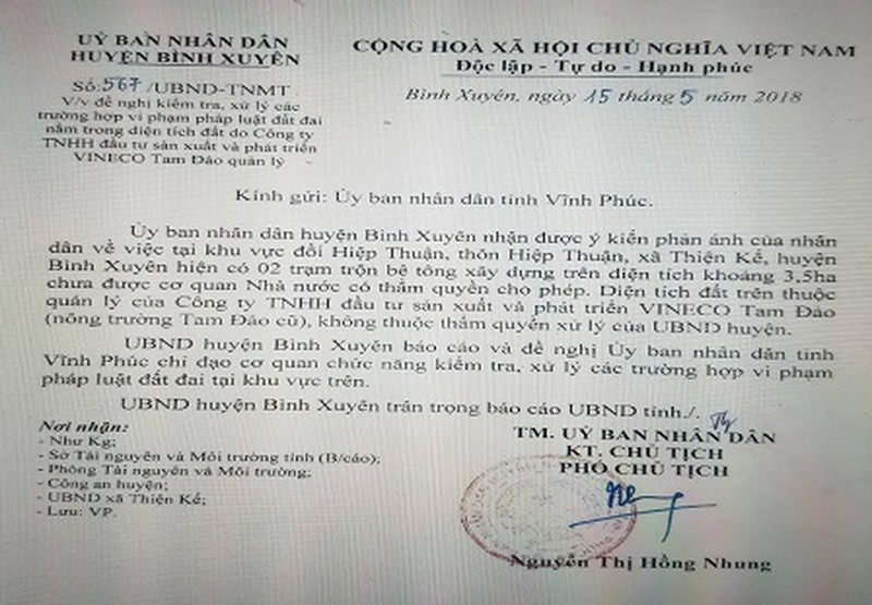 Công văn số 567/TNMT-UBND ngày 15/5/2018 của UBND huyện Bình Xuyên gửi UBND tỉnh Vĩnh Phúc đề nghị xử lý.