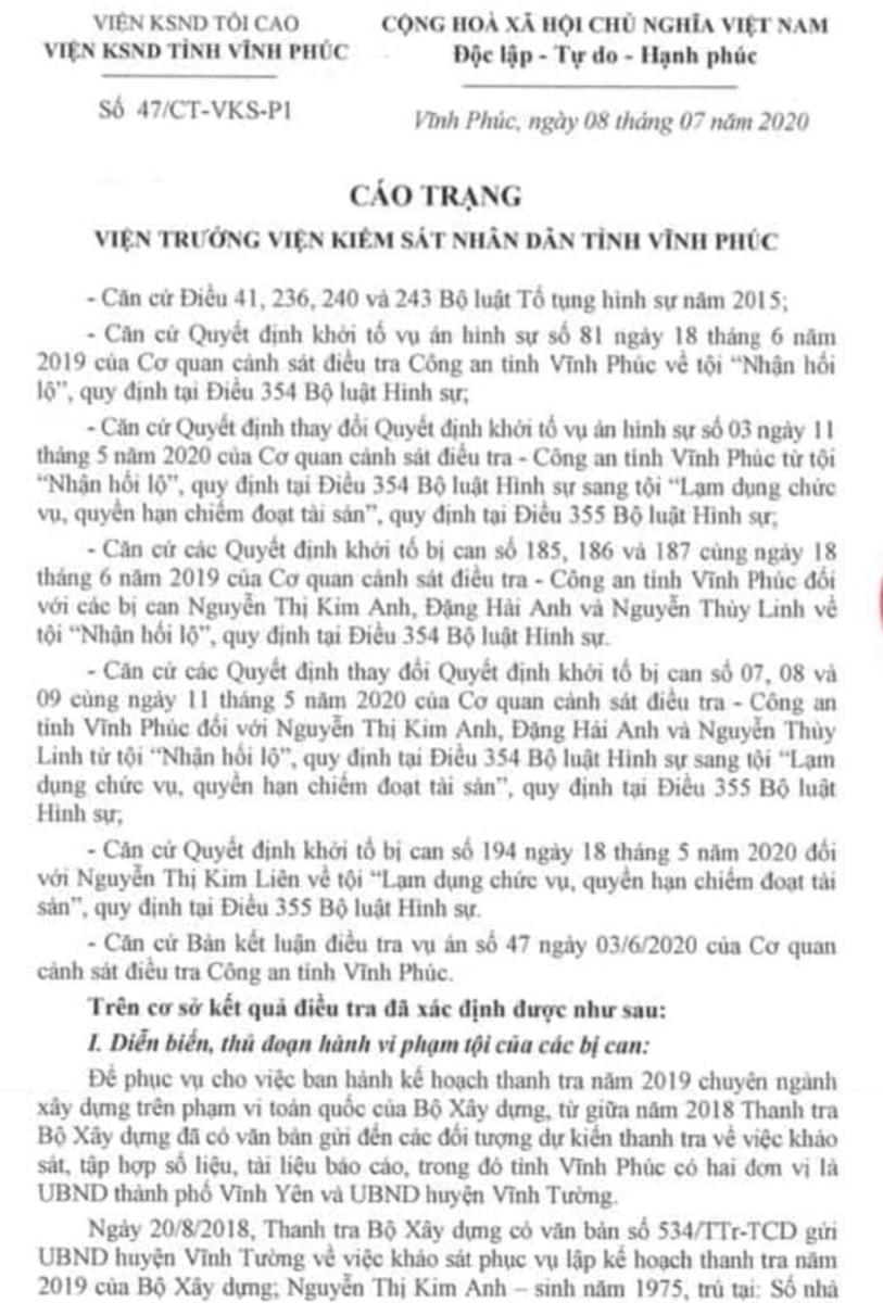 Cáo trạng của VKSND tỉnh Vĩnh Phúc